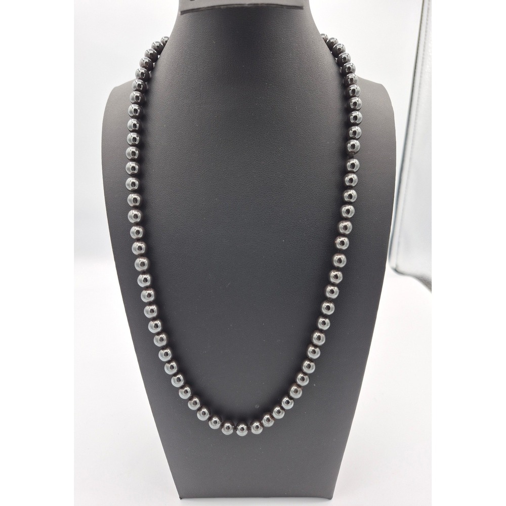 Hematite Bead Necklace Silver Grey Excellent Polished Round Stone Strand 22 Inch